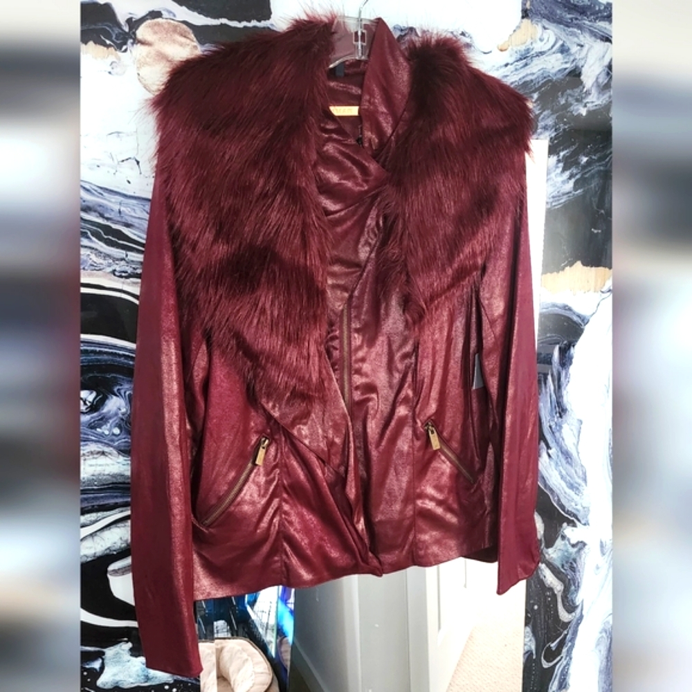 IMAN Luxury Chic Collection Burgundy Faux Fur Detachable Collar Sz L brand new - Picture 3 of 8